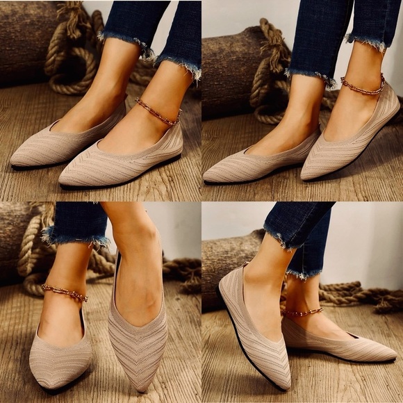 Casual Pointed Toe Fly Woven Striped Shallow Mouth Flat Bottom Khaki Sz 9.5 - Picture 2 of 11